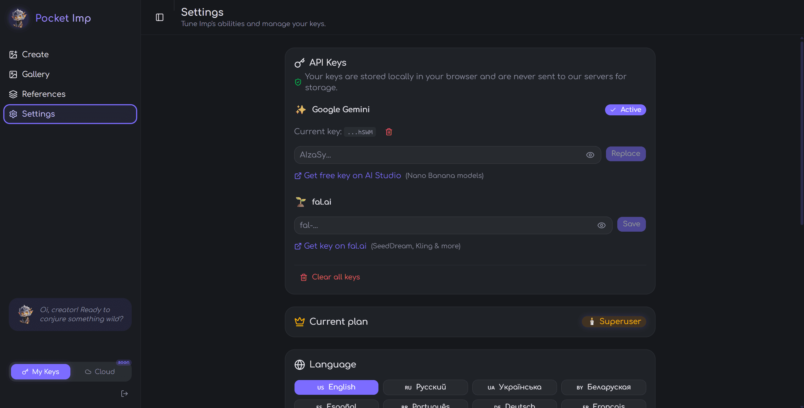 Pocket Imp — Settings with API keys and language options